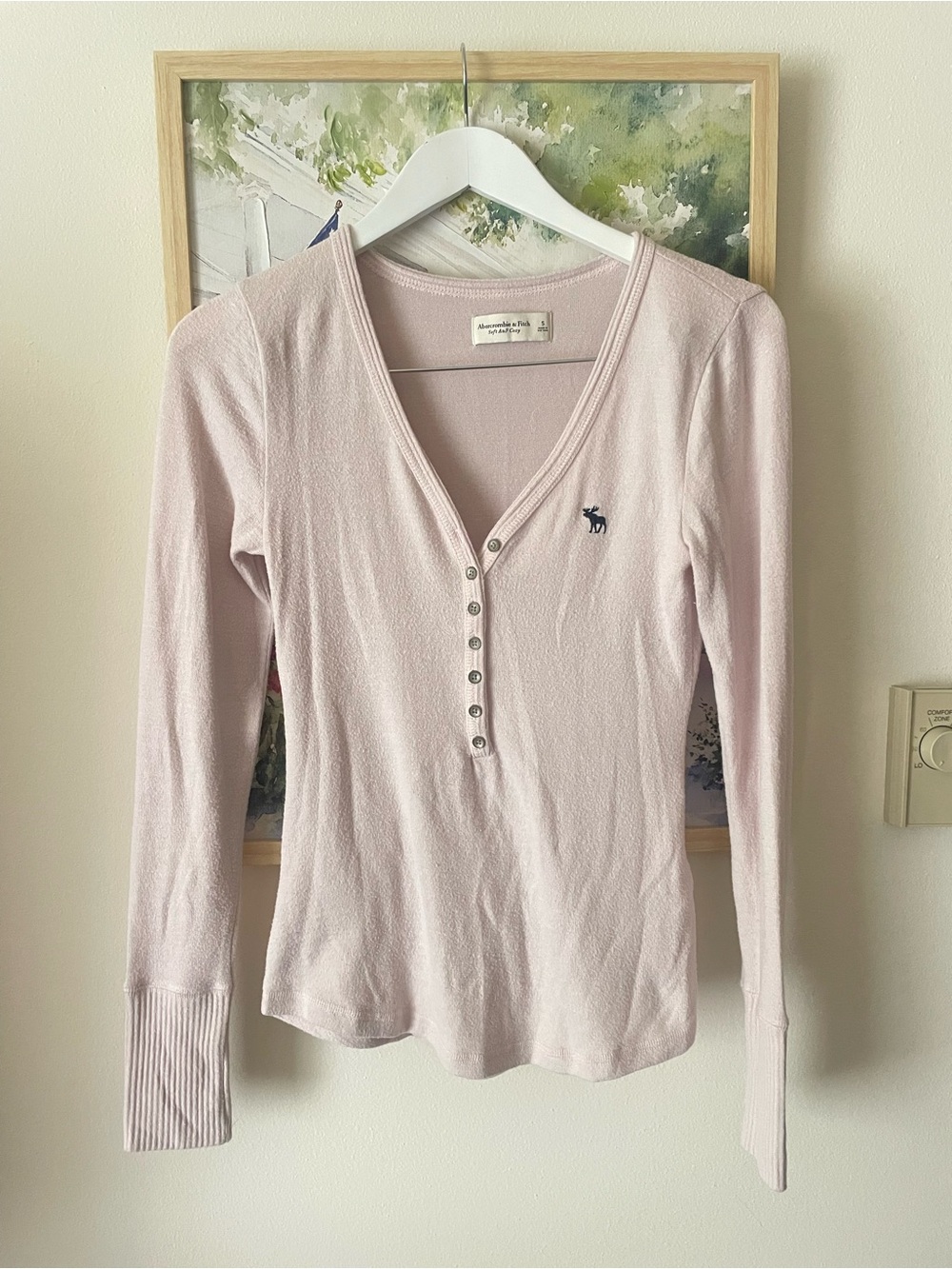 Abercrombie & Fitch Soft A&F Cozy Y2K Long Sleeve Henley Top Light Pink Small